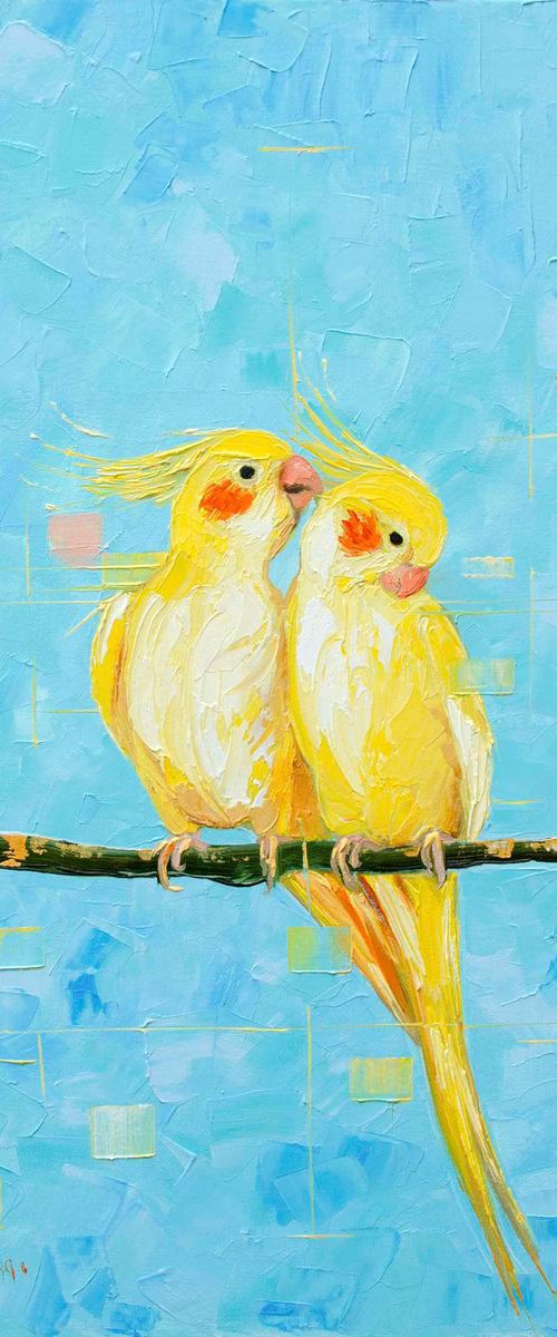 Cockatiels birds - original oil painting by Nino Ponditerra