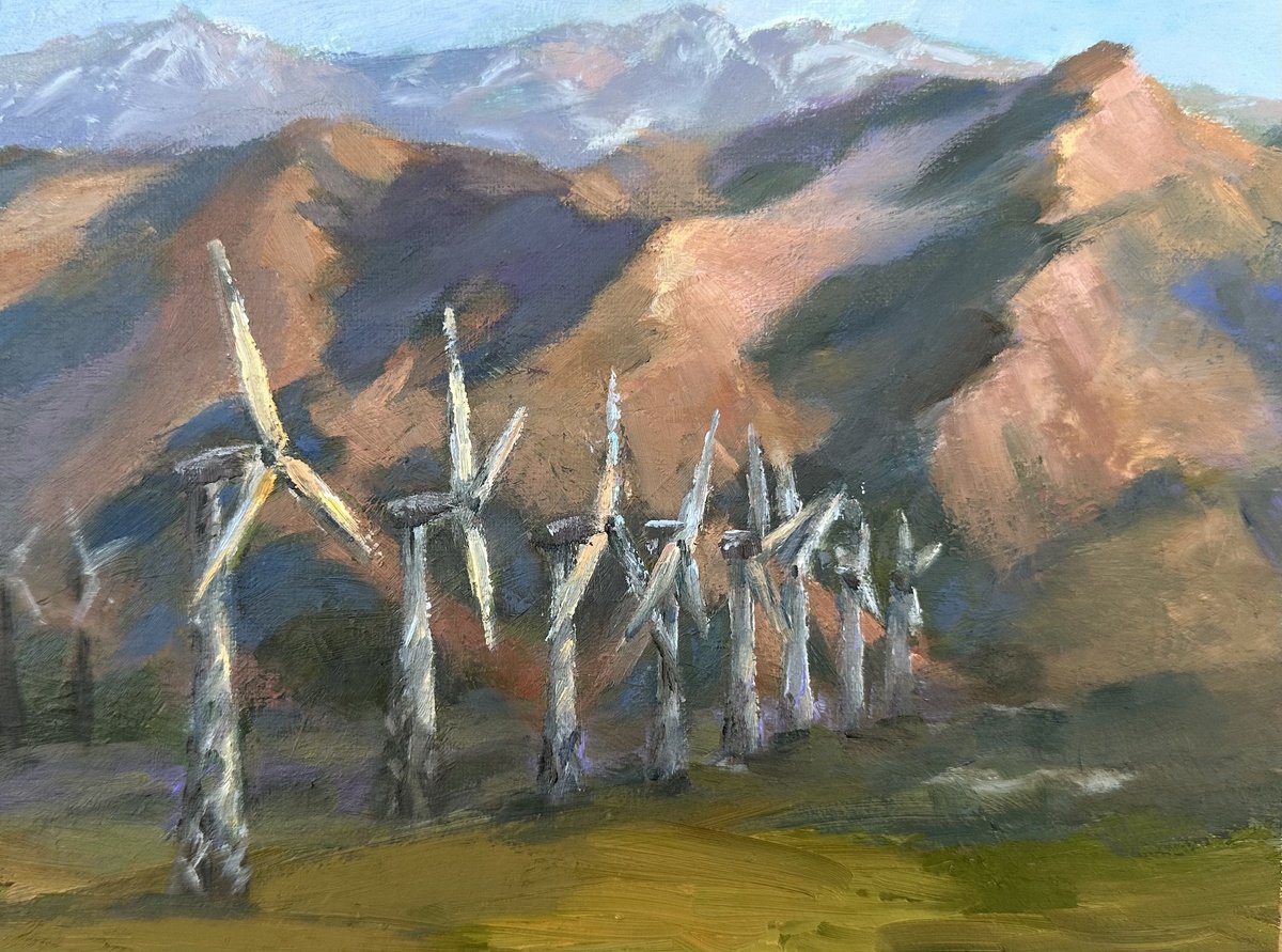 Impressionistic Landscape Oil Painting By Grace Diehl, 8 X 6, Wind Turbines, Original Artwork