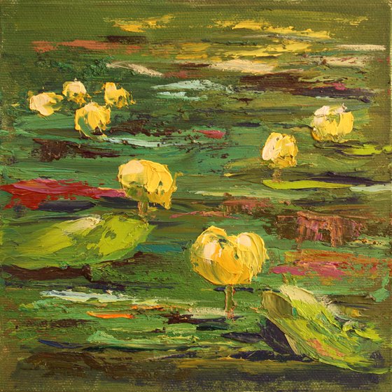 WATER LILY VI. 7"x7"  PALETTE KNIFE / From my a series of mini works WORLD OF WATER LILIES /  ORIGINAL PAINTING