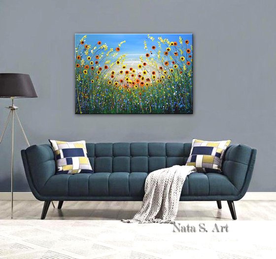 Sunflowers Field - Ready to Hang Painting 36" x 24" ( 92 x 61cm)