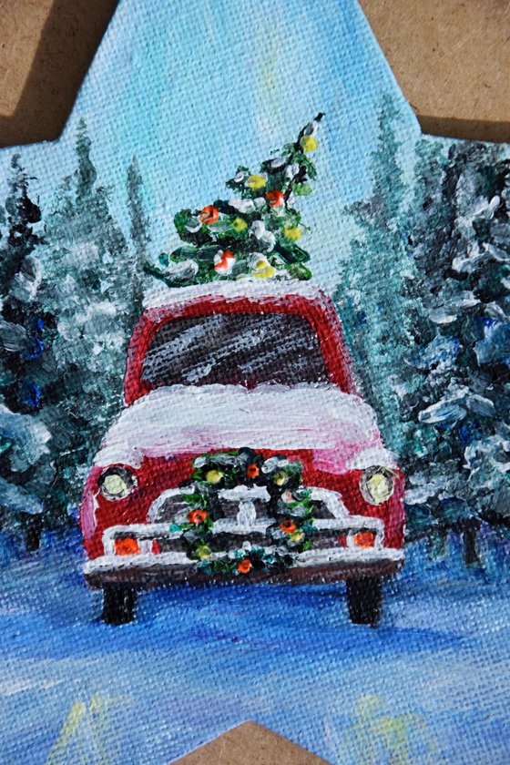 Personalised Christmas ornaments, original acrylic painting, hand painted bauble, tree red truck car