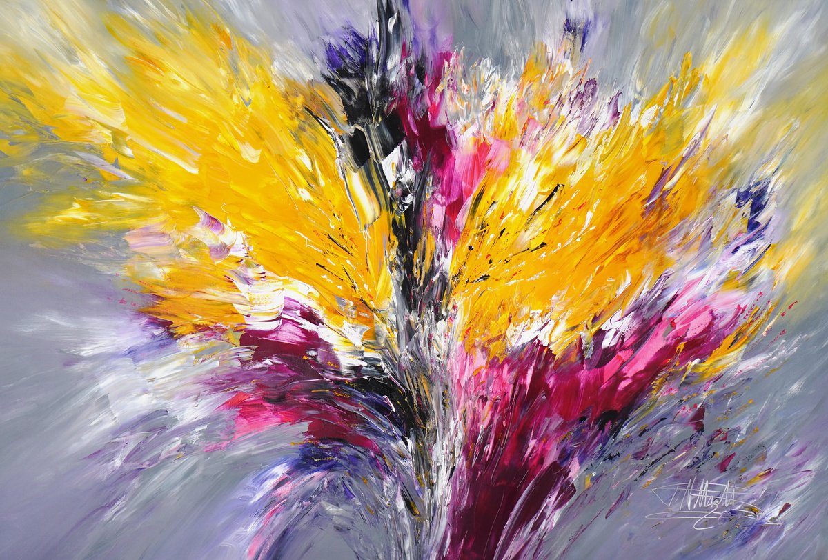 Abstract Acrylic Painting By Peter Nottrott, 61 X 41", Composition Magenta Yellow D 4, Original Artwork