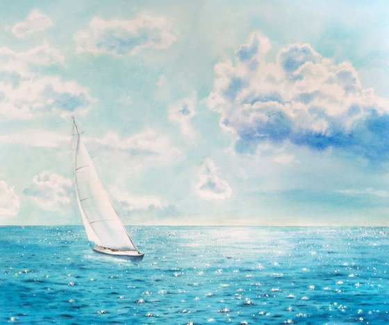 Sailboat - Yacht Art  - seascape - sea and sky - yacht -  sunset