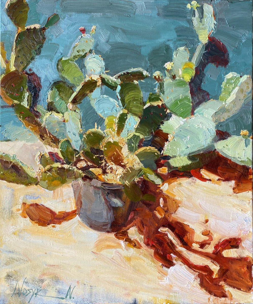 Impressionistic Botanical Oil Painting By Nataliia Nosyk, 22 X 26", Cactus, Original Artwork