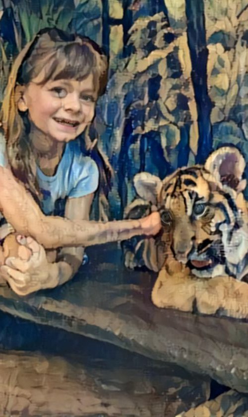 in the style of an Aubusson tapestry, caressing a tiger by Danielle ARNAL