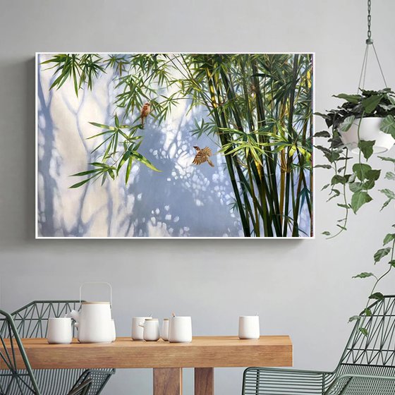 Realism oil painting:bamboo trees and birdies