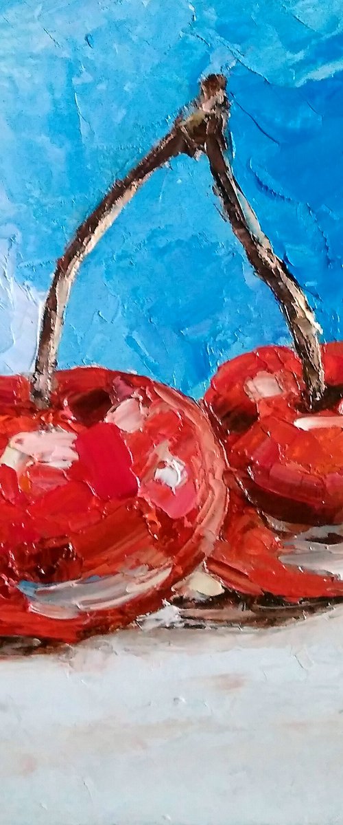Couple Cherries Painting Original Art Fruit Artwork Berries Still Life Wall Art by Yulia Berseneva