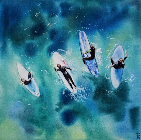 Surf Watercolour Painting, Surfing Sea Ocean Art Original, Boho Summer Wall Art, Gift for Surfer