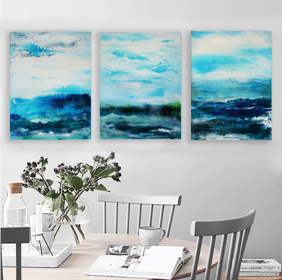 3 Blue Abstract paintings / Triptych 135 cm x 60 cm. by Anna Sidi-Yacoub