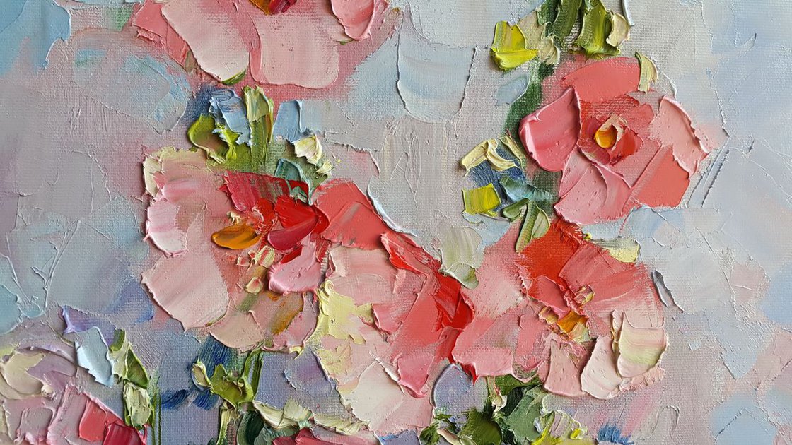 絵画 Oil painting of beautiful flowers. Pink flowers mallows - plants painting, flower, flora - original