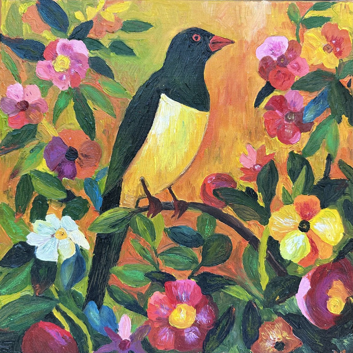 Impressionistic Animal Oil Painting By Irina Anis, 12 X 12, Bird In Paradise, Original Artwork