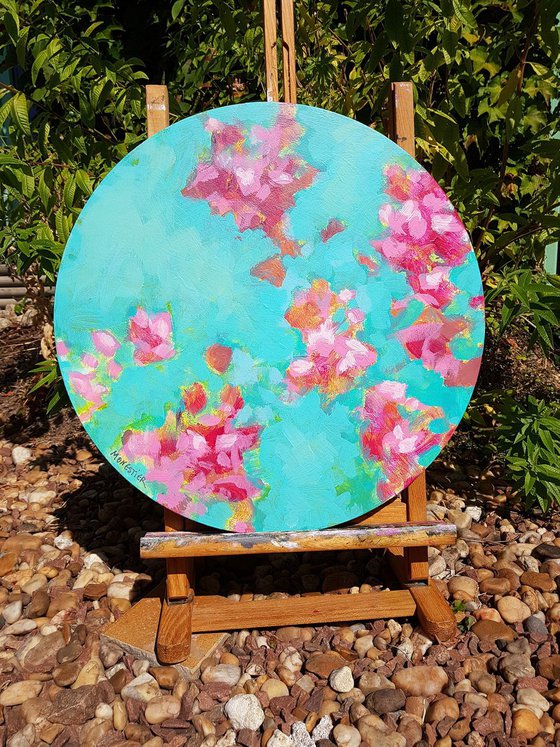 Approach of love, a floral poetry on round canvas