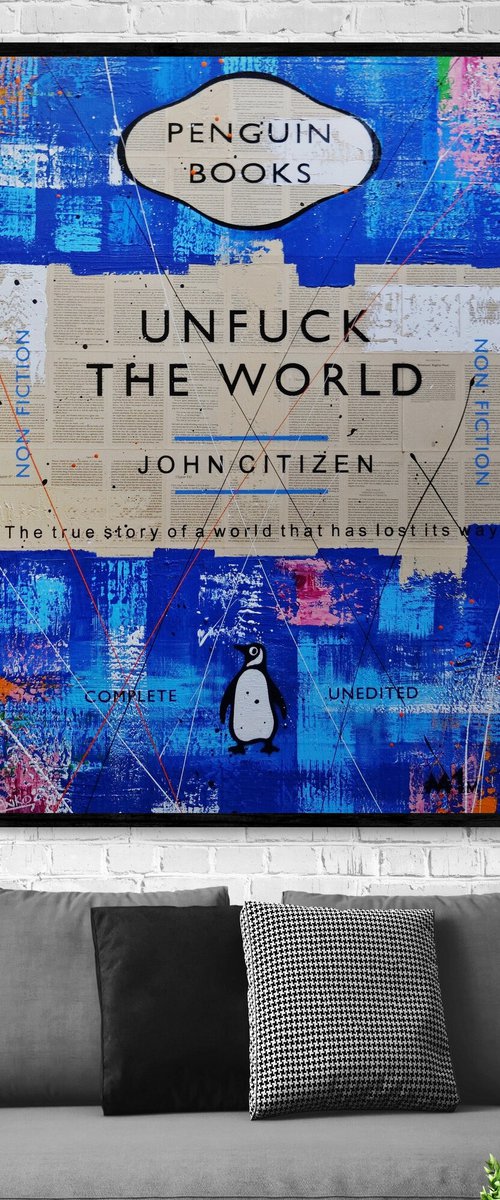 Blue World 140cm x 100cm Unfuck The World Book Page Urban Pop Art by Franko