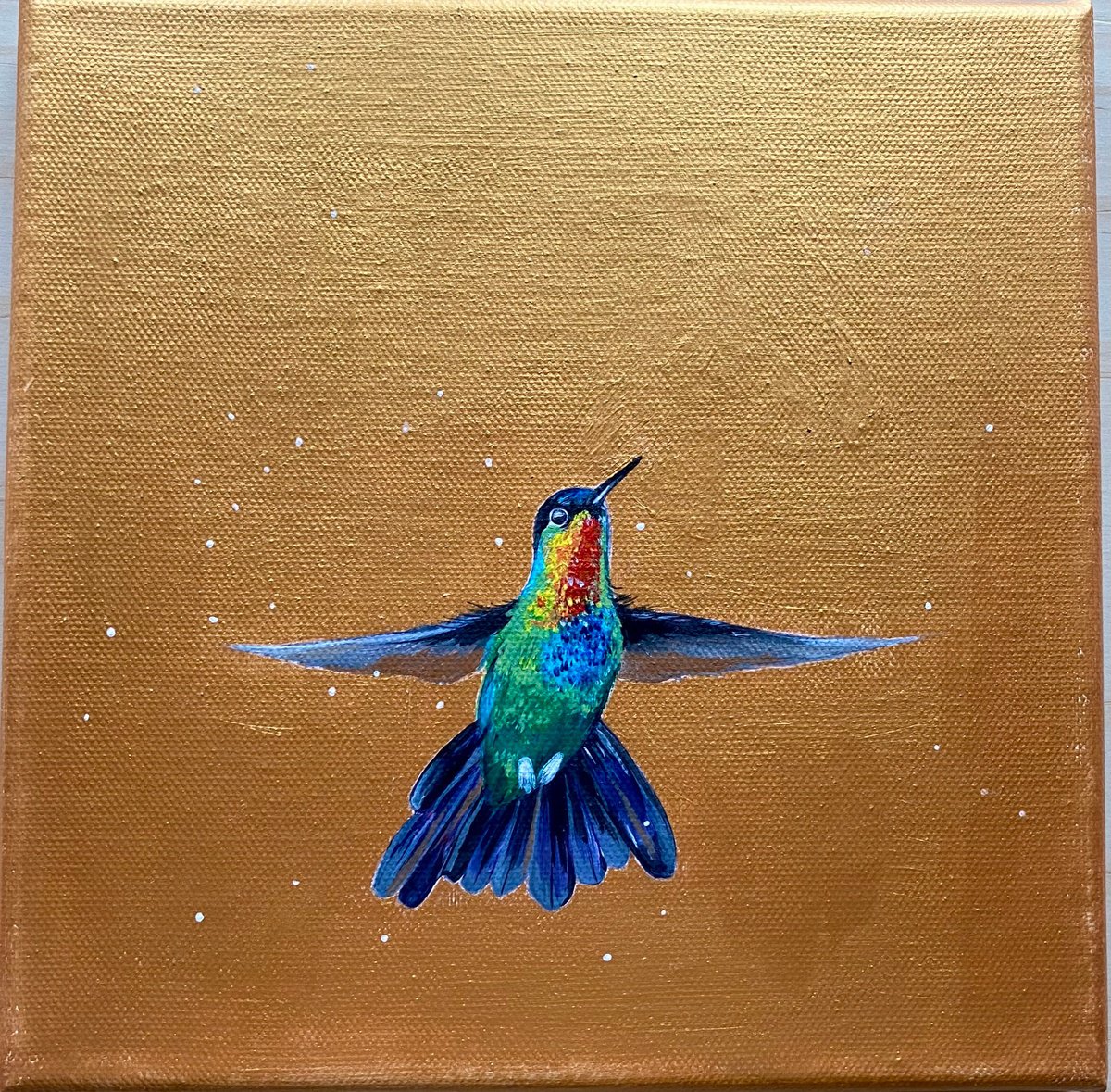 Hummingbird on gold acrylic painting by Bethany Taylor