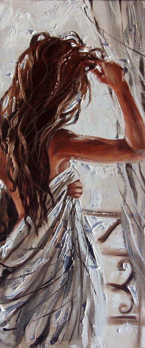 " PARIS MORNING ... "-   liGHt  ORIGINAL OIL PAINTING, GIFT, PALETTE KNIFE nude by Monika Luniak