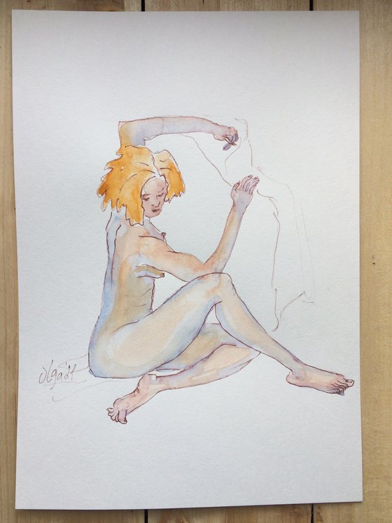 Female nude drawing - Seated ginger woman watercolor - Sensual figure study mixed media (2021)