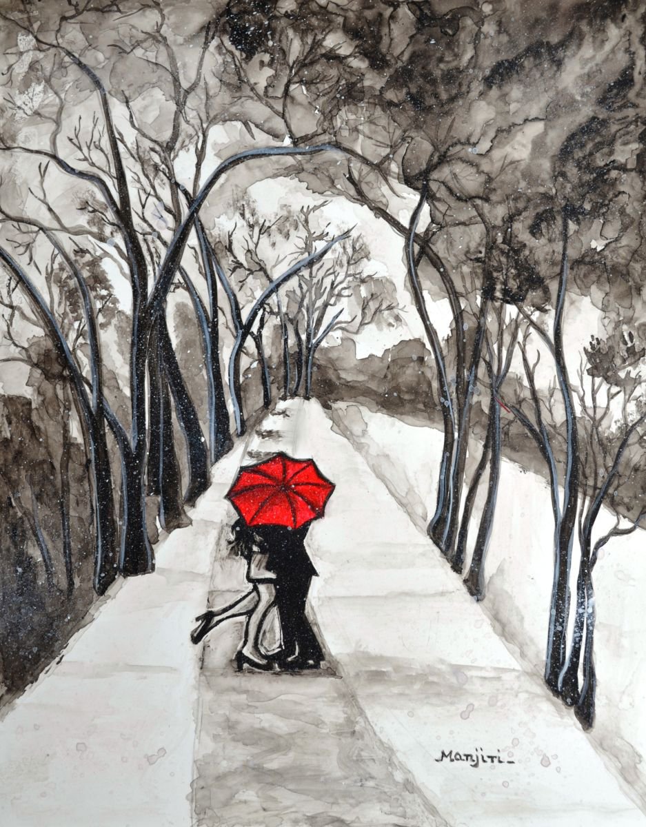 SPECIAL SALE! Snow Kiss romantic black and white painting with red REDUCED PRICE Gift of l... by Manjiri Kanvinde