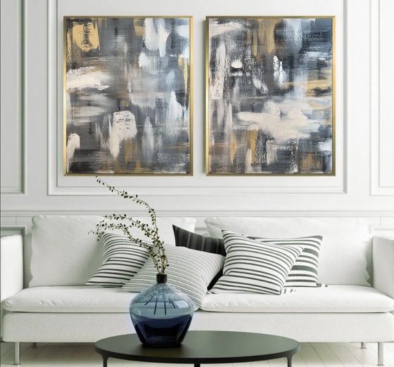 100x160cm  Black gold silver abstract painting. Mother-of-pearl luxury 2 set/