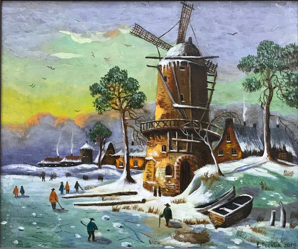 Original oil painting The mill in the snow - 25x21 cm (2019) by Evgeniya Roslik