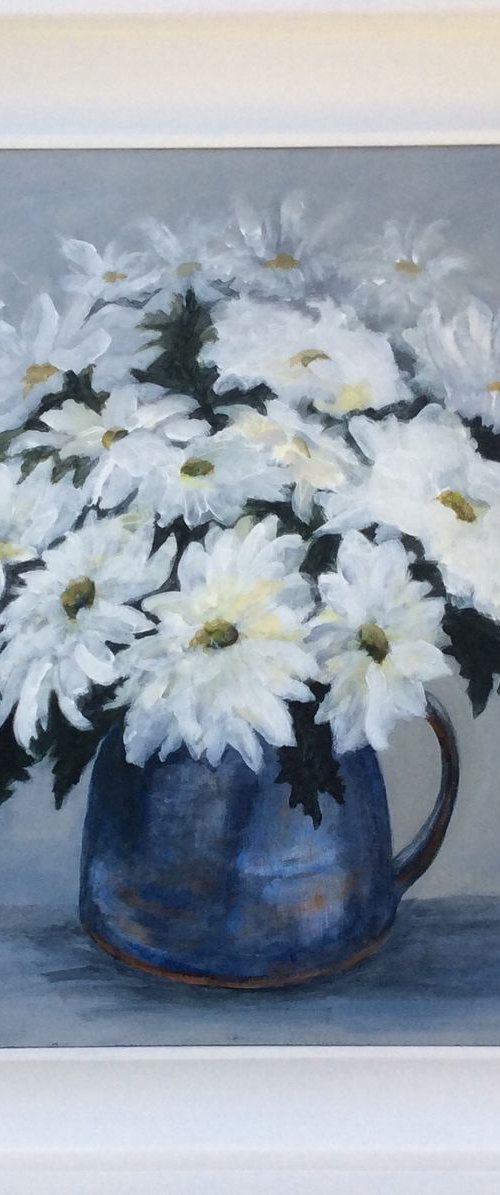 White Chrysanthemums in a Blue Jug by Linda Bartlett