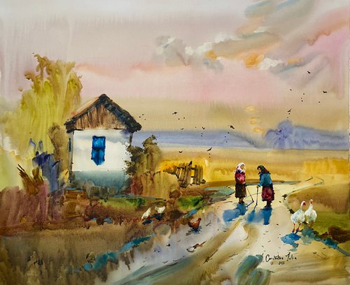 Watercolor “Neighbors talk. Twilight ", perfect gift by Iulia Carchelan
