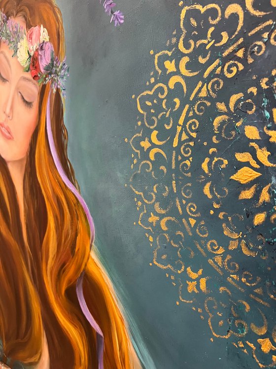Whispering lavender, painting of a girl, girl's back, girl with long hair,  metaphorical painting, painting about personal boundaries, lavender whisper, lavender, mandala, potpourri painting