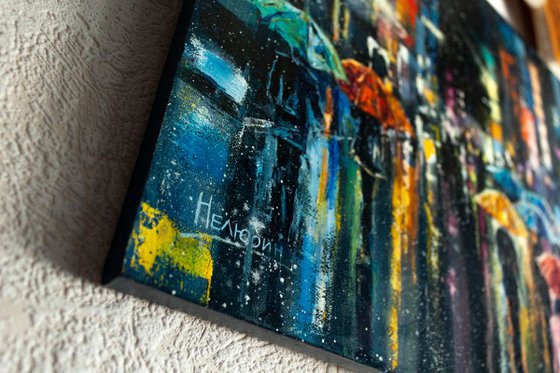 "Street of the night city" people with umbrella , original oil painting