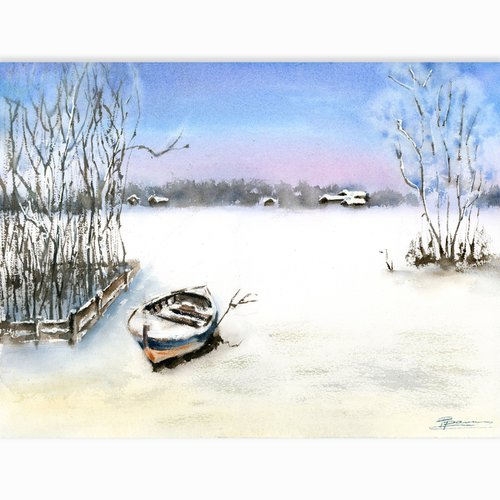 Winter Landscape with Boat by Olga Shefranov (Tchefranov)