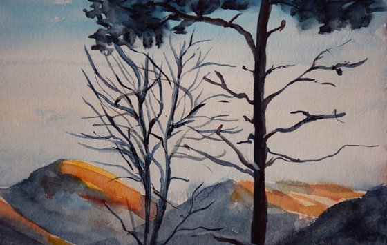 Norwegian original watercolor painting Winter mountains in Norway, snowy fjords in sunset, lake