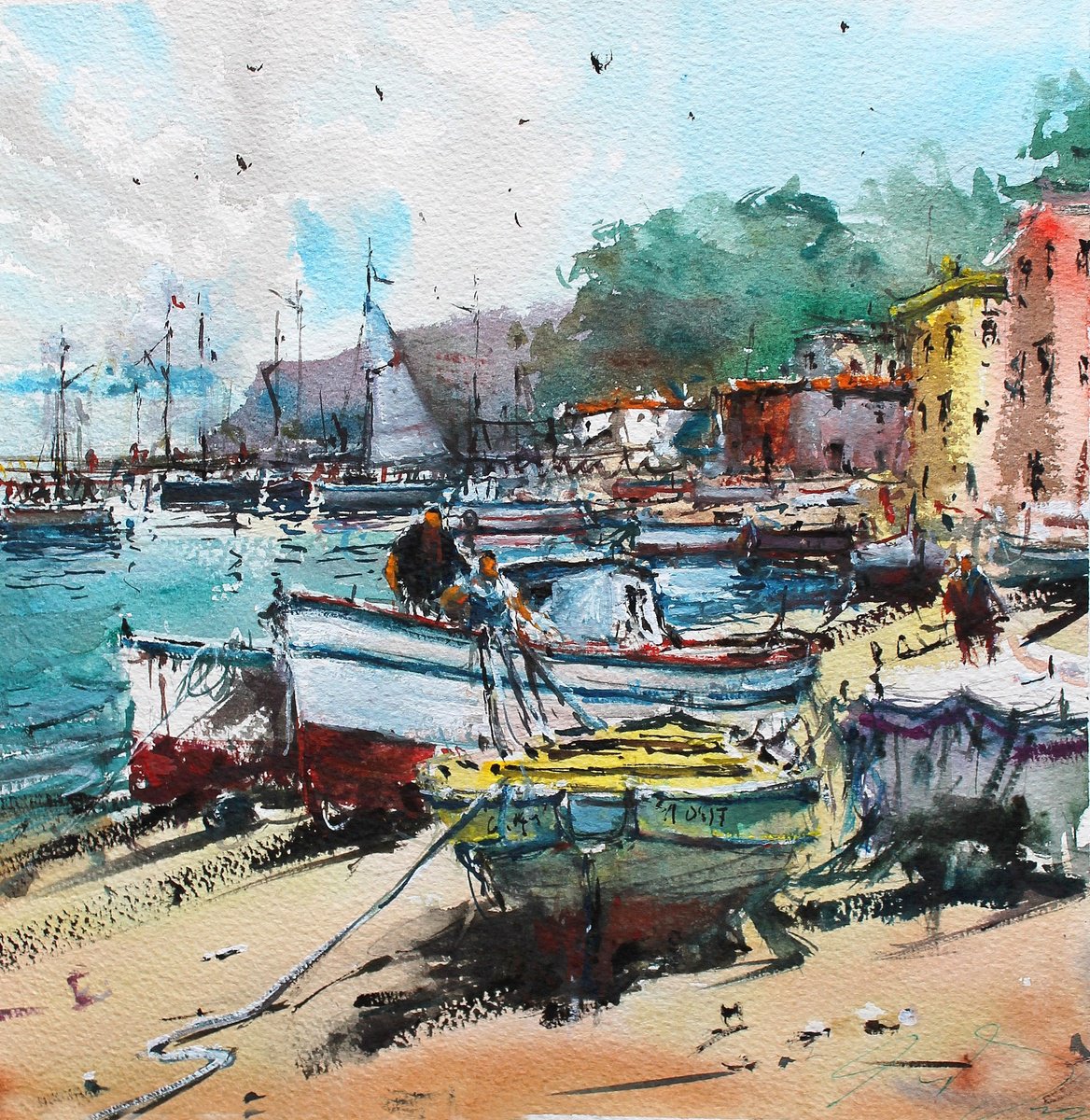 Impressionistic Landscape Watercolour By Maximo Damico, 12 X 12", Autumnal Careening Boats, Original Artwork