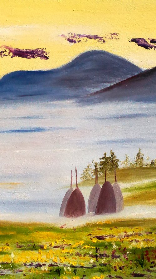 Carpathians Painting Mountains Original Art Ukraine Landscape Oil Artwork Haystacks Home Wall Art 16 by 12"  by Halyna Kirichenko by Halyna Kirichenko