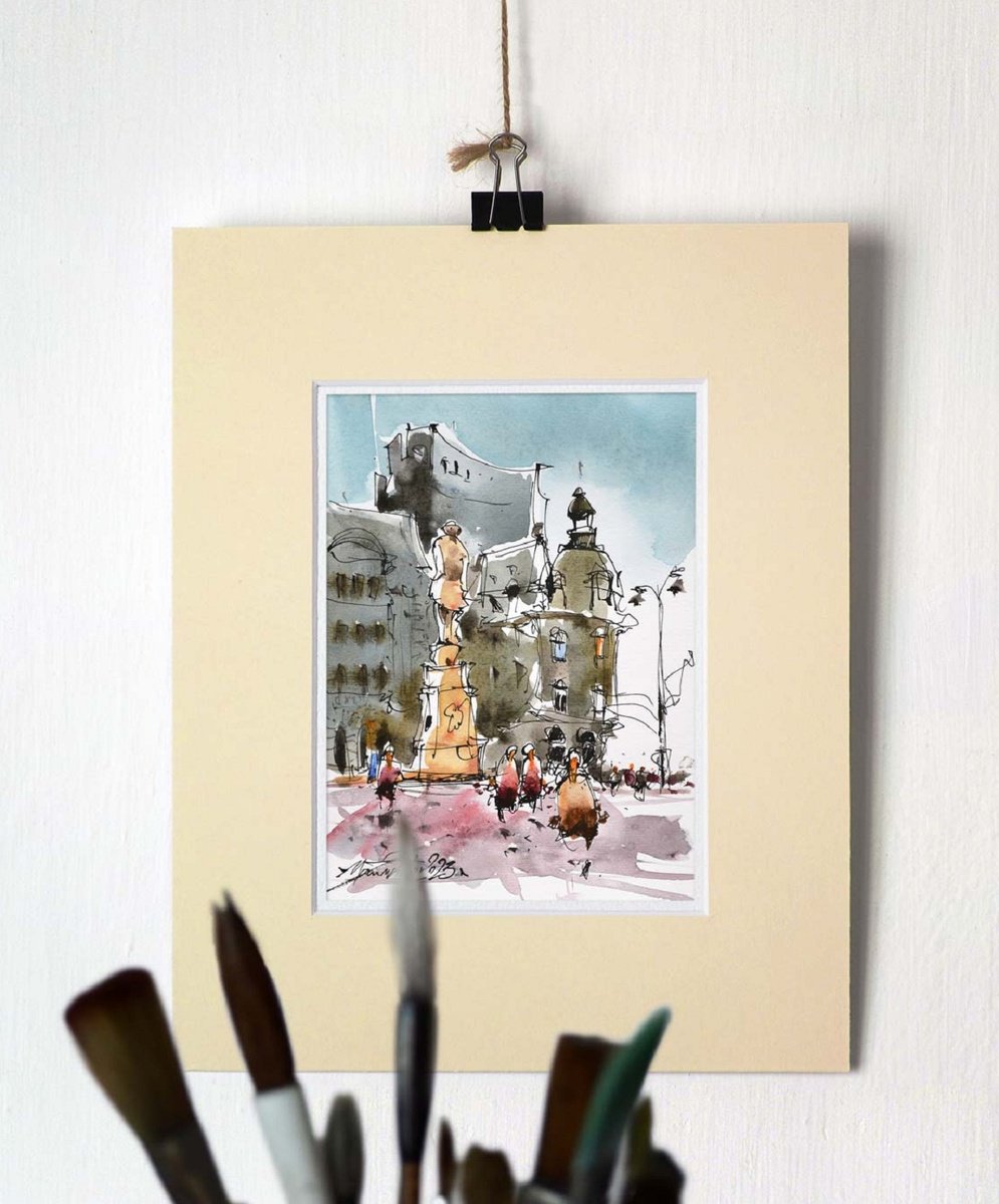 Urban sketching street scene, ink and watercolor. by Marin Victor