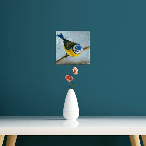 Wildlife Art Blue Tit Bird Painting  Blue Yellow White Chickadee Art Original Oil on Canvas