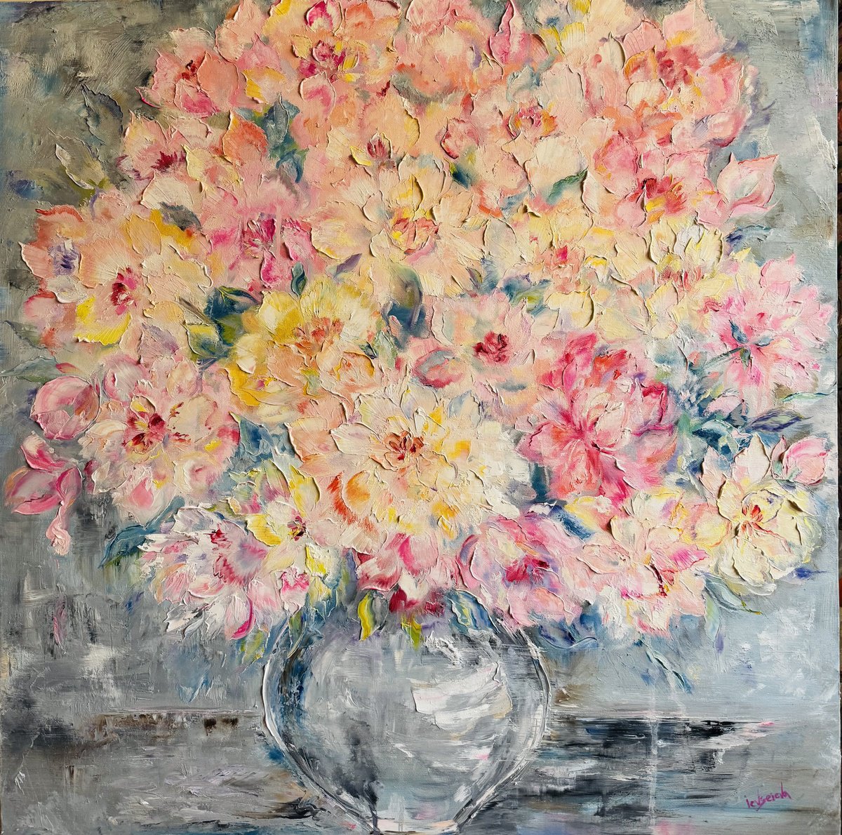 Abstract Botanical Oil Painting By Oleksandra Ievseieva, 32 X 32", Peonies Dreams, Original Artwork
