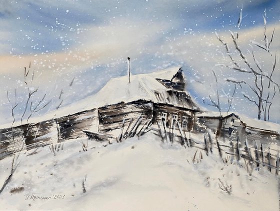 Winter in abandoned village, watercolour