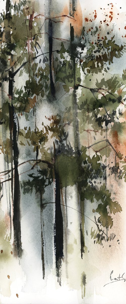 Pine Trees Landscape Watercolor Painting by Sophie Rodionov