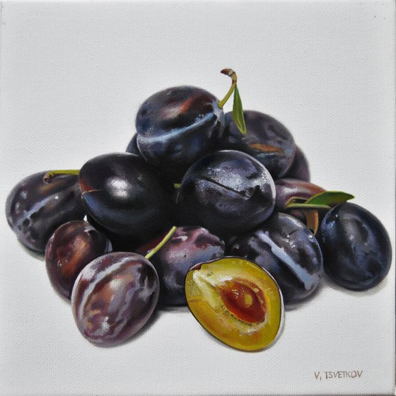 Still life with plums II , Original oil on canvas painting