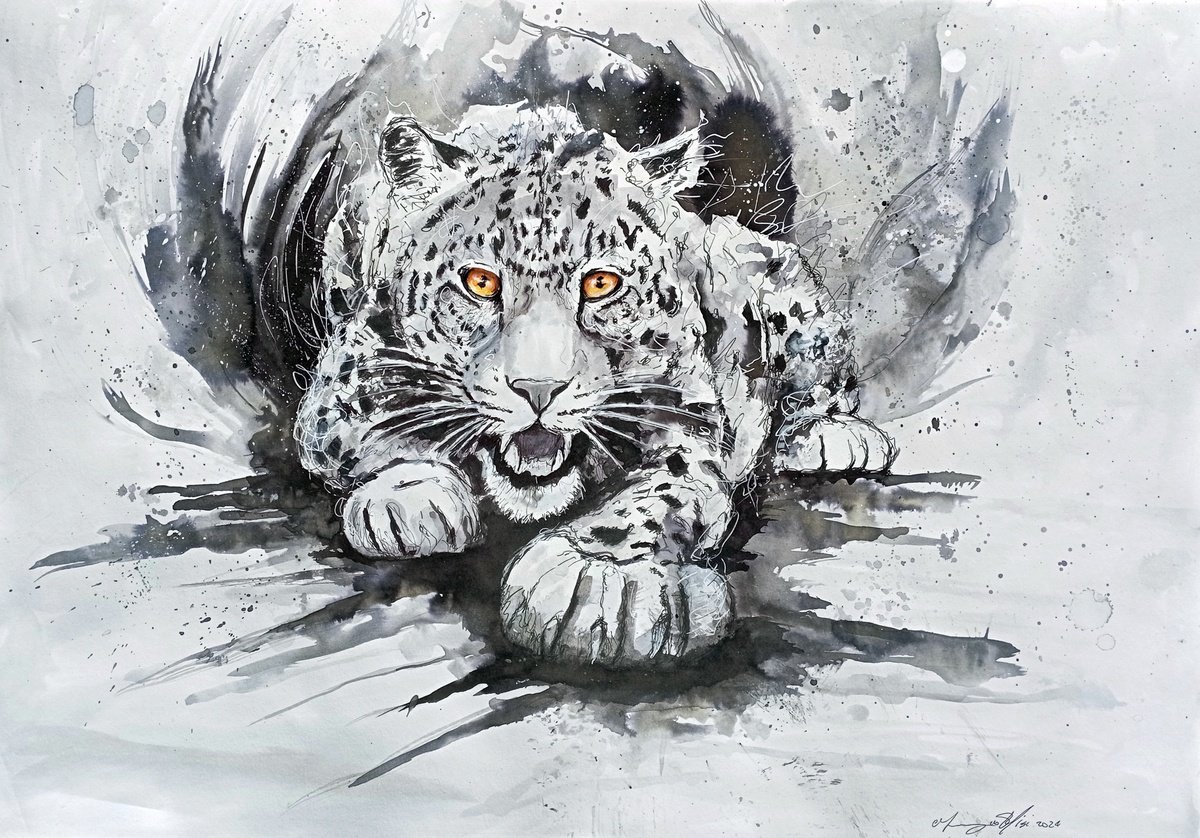 Urban And Pop Animal Ink Drawing By Maurizio Puglisi, 23 X 17", The Shadow Of Light, Original Artwork