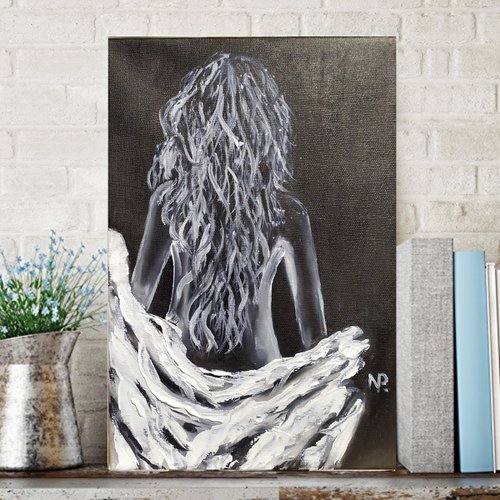 In shirt, original black and white nude erotic oil painting, Gift, art for home by Nataliia Plakhotnyk