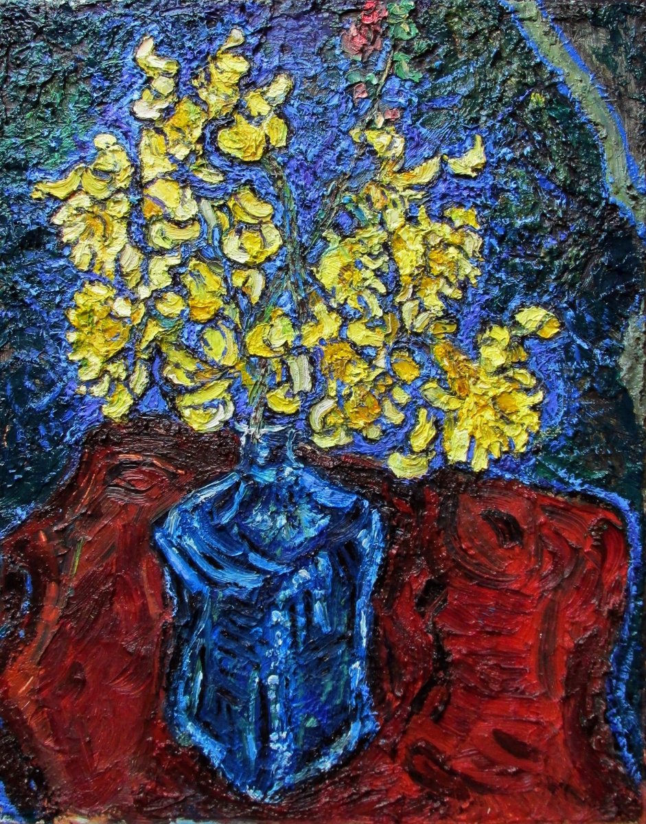 Expressive Botanical Oil Painting By Richard Meyer, 20 X 24", Daffodils In Blue Square Glass, Original Artwork