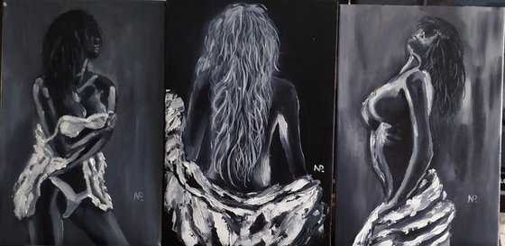 In his shirt, original nude erotic black and white oil painting, Gift, bedroom art