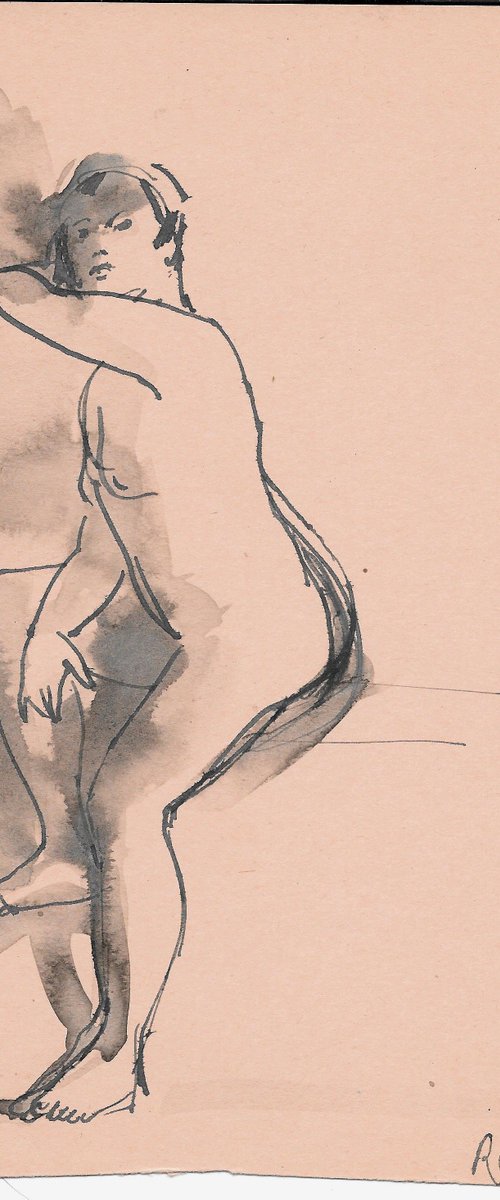 BLUE DREAMS nude study life drawing on pink paper 17x24 cm by Frederic Belaubre