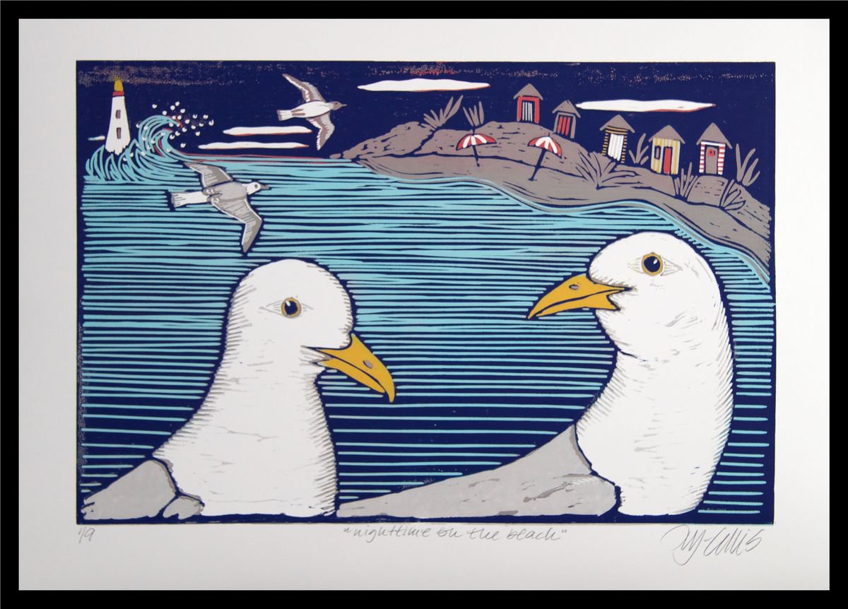 Night time on the Beach, linocut reduction by Mariann Johansen-Ellis
