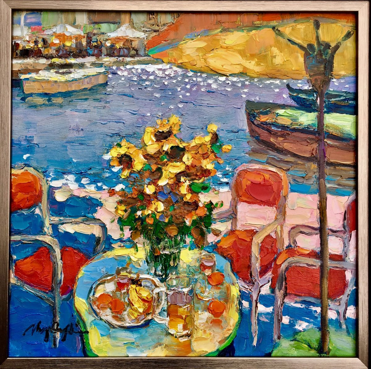 Impressionistic Botanical Oil Painting By Dong Lin Zhang, 16 X 16, By The Lakeside, Original Artwork