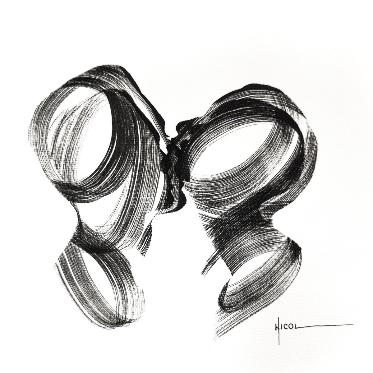 Expressive Portrait Ink Drawing By Nicol Vacaru, 11 X 11", Bound In Breath, Original Artwork