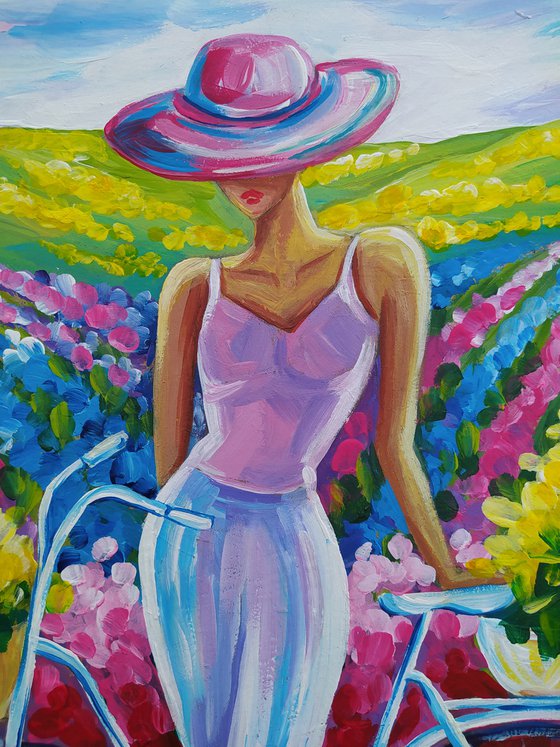 Repose - acrylic painting, bike, tulips, girl, woman, flowers, tulips field, relaxation, woman and bike