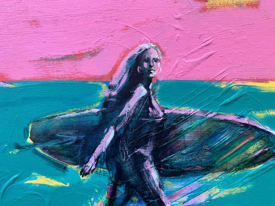 Bright painting - "Miami Beach" - Girl - Pop Art - Urban - Surfing - California