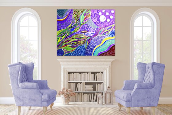 Large abstract painting 100x80 cm. Violet lilac purple light green artwork