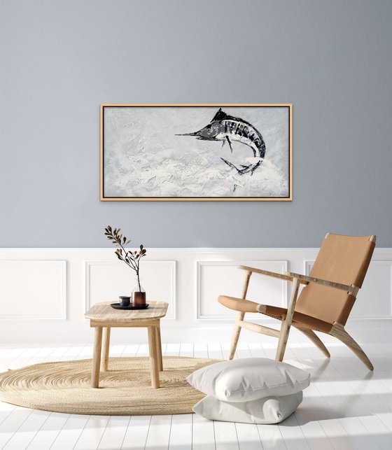 OCEAN SURPRISE II. Large Gray Abstract Painting of Fish Jumping out of the Water