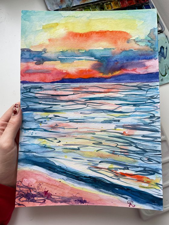 Sea Watercolor Painting, Sunset Seascape Original Artwork, Coastal Wall Art, Beach House Decor